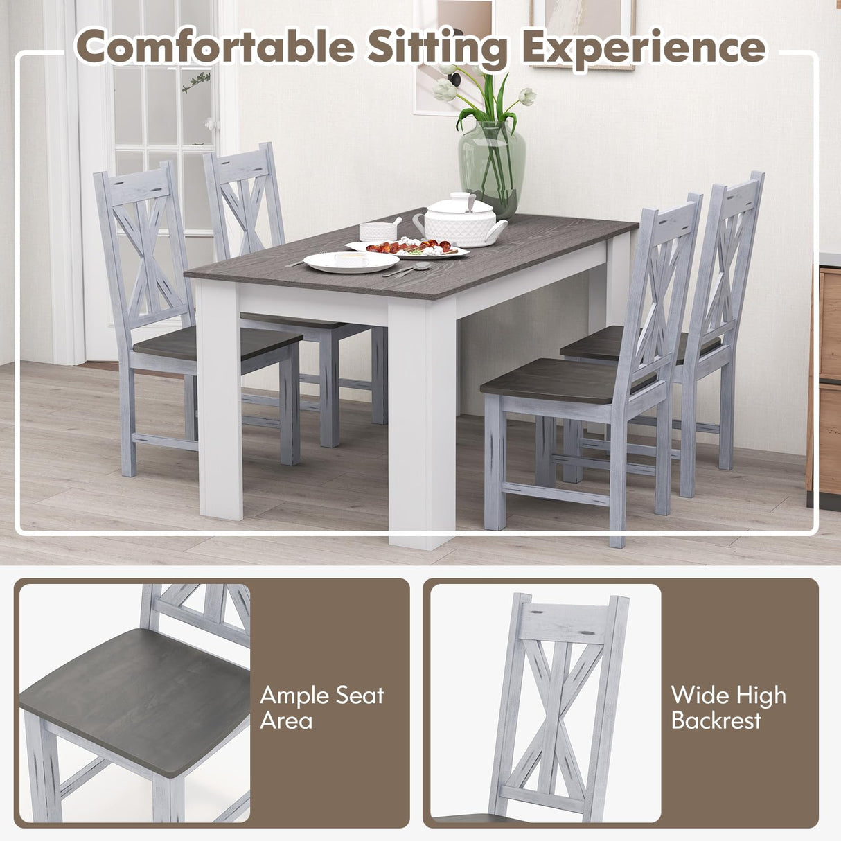 Giantex Retro Wooden Dining Chairs Set of 2, Farmhouse Kitchen Chairs w/Rubber Wood Frame, Elegant Hollowed Backrest, Armless Dining Room Chairs, Rustic Side Chairs for Restaurant, Living Room, Grey Giantex