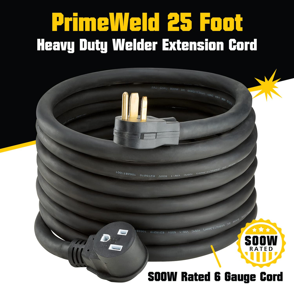 PrimeWeld Welder Extension Cord, SOOW Rated, 50 amp, 250v NEMA 6-50 Heavy Duty Welding Cable, 6 Gauge, (25ft) PRIMEWELD