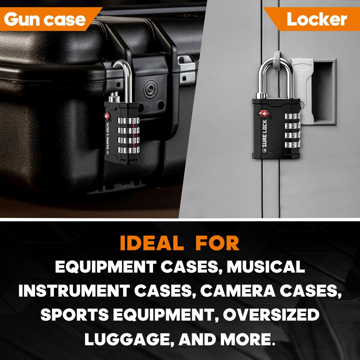 SURE LOCK TSA Accepted Heavy Duty Big Combination Luggage Padlock for Gun Cases, Transporting Equipment Cases in Trade Show, Music and Medical Industries (2, Black) SURE LOCK