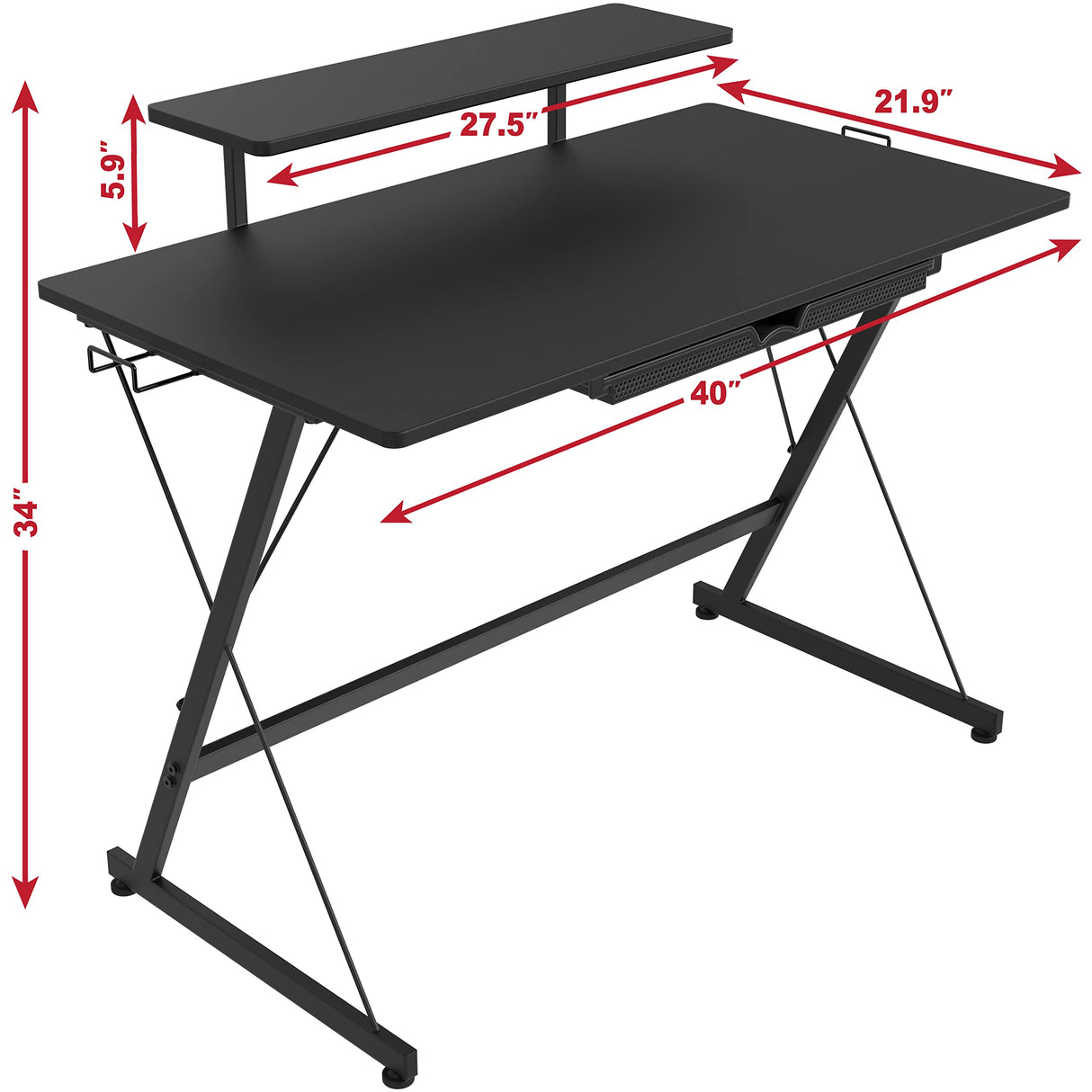 SHW 40 Inch Gaming Desk with Monitor Riser, Drawer and Hooks, Black SHW
