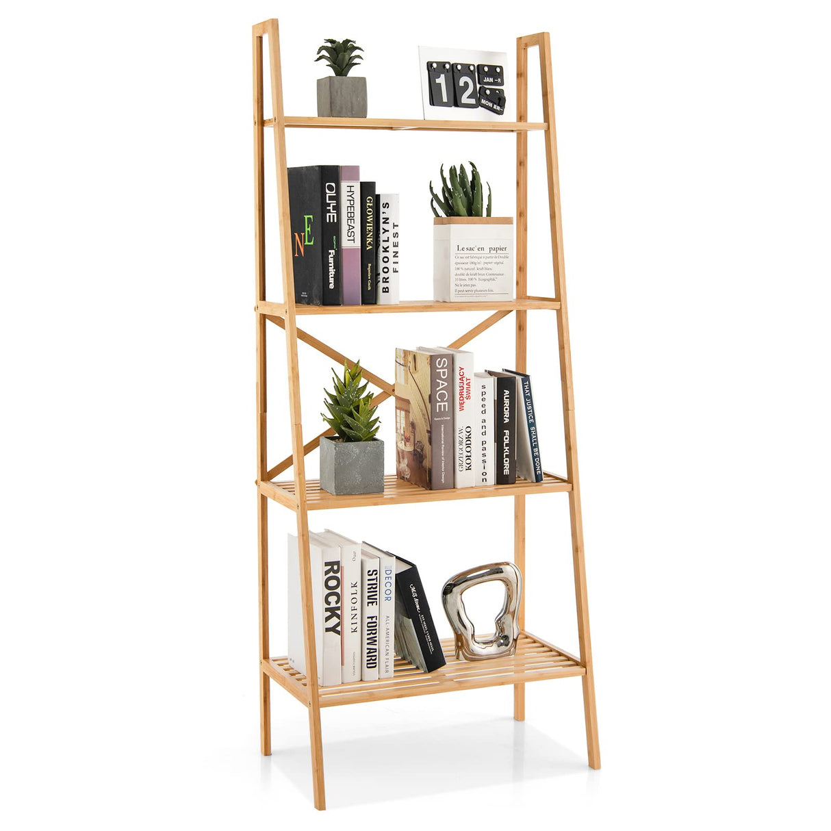 Giantex 4-Tier Bamboo Bookshelf, Multifunctional Storage Display Rack Shelves with Anti-Tipping Device, Natural Bamboo Ladder Shelf for Home Office Kitchen Bathroom Giantex