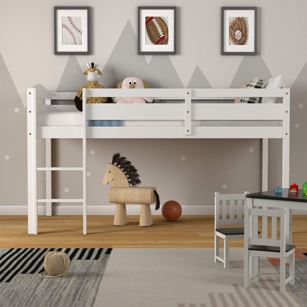 Costzon Twin Loft Bed, Solid Wood Low Loft Bed w/Guard Rail and Ladder, Boys & Girls Twin Bed for Kids Room, No Box Spring Needed, Classic Children Low Loft Bed with Storage for Bedroom, White Costzon