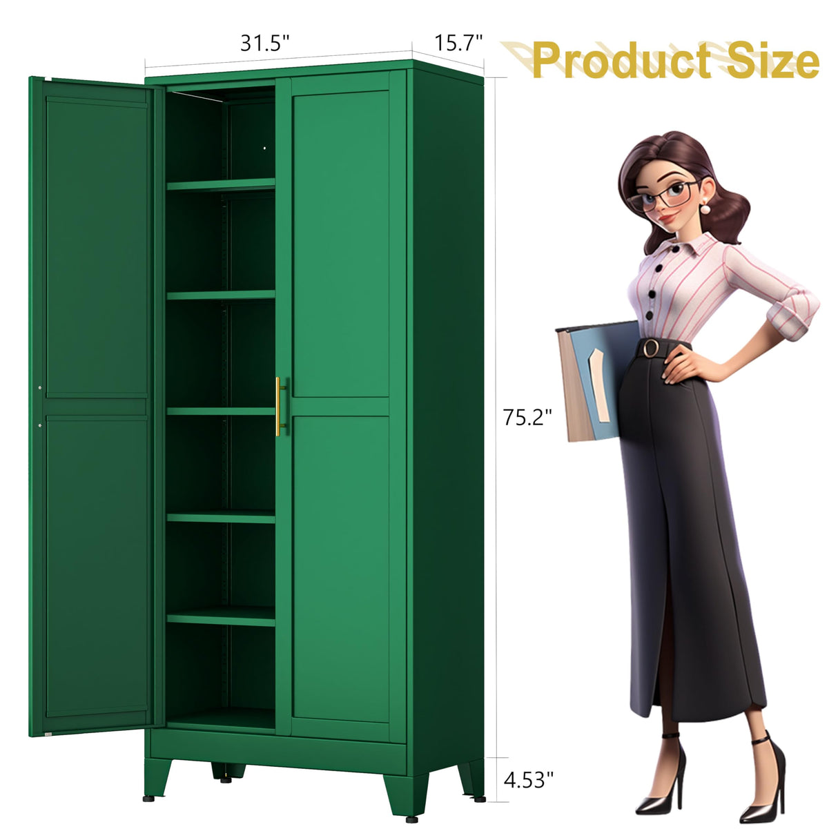 pozdeg 75” Tall Pantry Cabinet, Metal Kitchen Storage Cabinet with 2 Doors and 5 Adjustable Shelves, White Storage Cabinet Cupboard for Kitchen, Dining Room, Living Room and Bathroom (Green) pozdeg