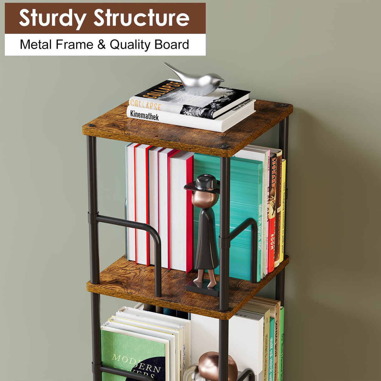 Rotating Book Shelf, 4 Tier Small Narrow Corner Bookshelf Bookcase For Small Spaces, Floor Standing Little Square Bookshelves Bookcases For Bedroom/Living Room, Sturdy, 120 Books Capacity,Retro Rustic Cidaziya