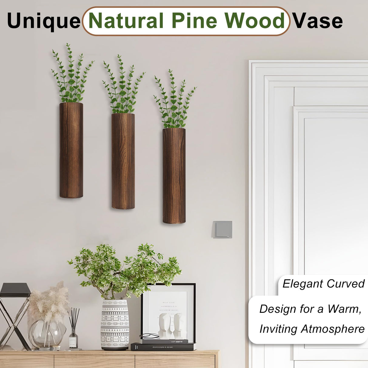 Fttoyoly 3 Pack Wood Wall Planter with Artificial Eucalyptus, Modern Wall Decor for Living Room Bedroom Bathroom Entryway, Farmhouse Boho Wall Vases for Dried Flowers and Faux Plants Fttoyoly