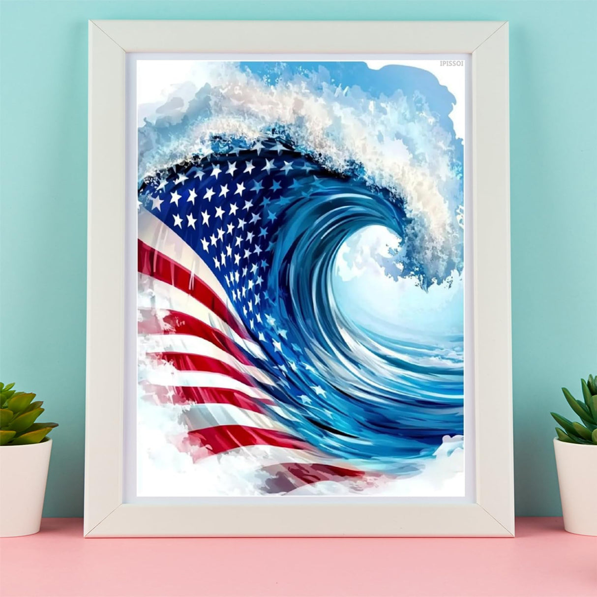 IPISSOI Wave with an American Flag Diamond Painting Art Kit for Adults DIY Diamond Art Painting Full Drill Round Gem Art for Crafts Wall Decor 12x16 Inch IPISSOI