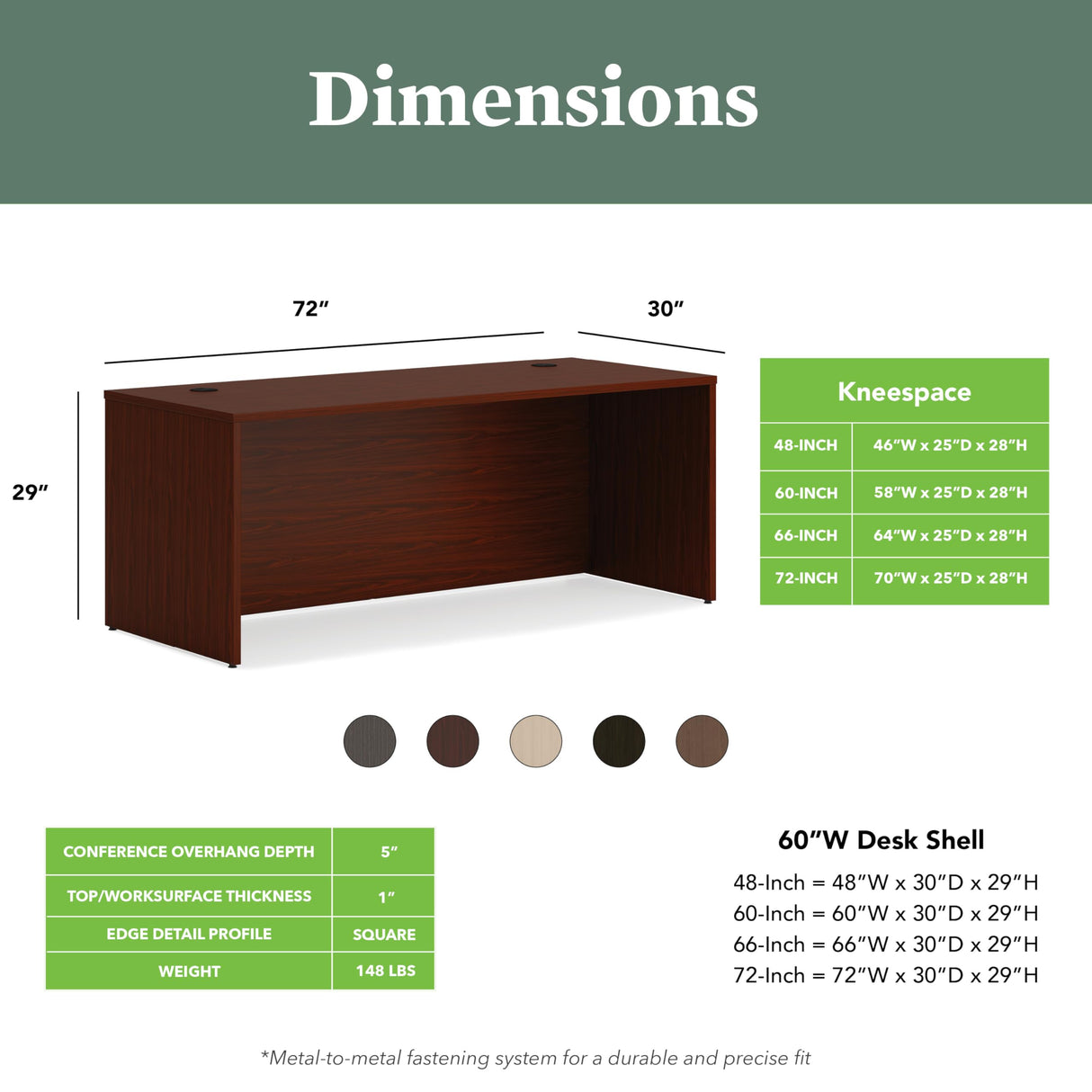HON MOD Executive Desk 72-Inch Large Computer Desk Shell, Thick Wooden Laminate, Modern Table with Cord Management, 72" W x 30" D x 29" H, Traditional Mahogany HON