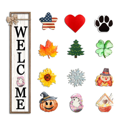 Interchangeable Welcome Sign for Front Porch Standing 45"X9" Large with 12 Pcs Replaceable Icons Outdoor Decorations Frame Tall Vertical Outside Farmhouse Rustic Door Decor (Wood)