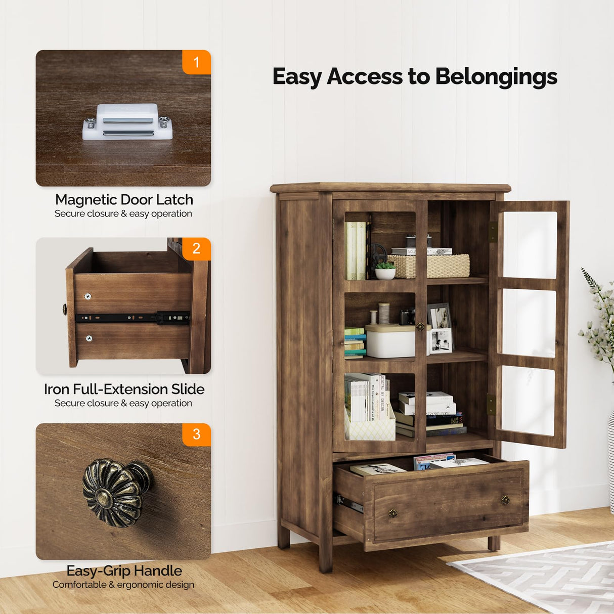 VINGLI Storage Cabinet with Glass Doors and Drawer, Glass Display Cabinet Display Case, Rustic Storage Cabinet with Doors and Shelves, Showcase Display Cabinet w/Cedar Finish & Solid Wood Leg,Walnut VINGLI