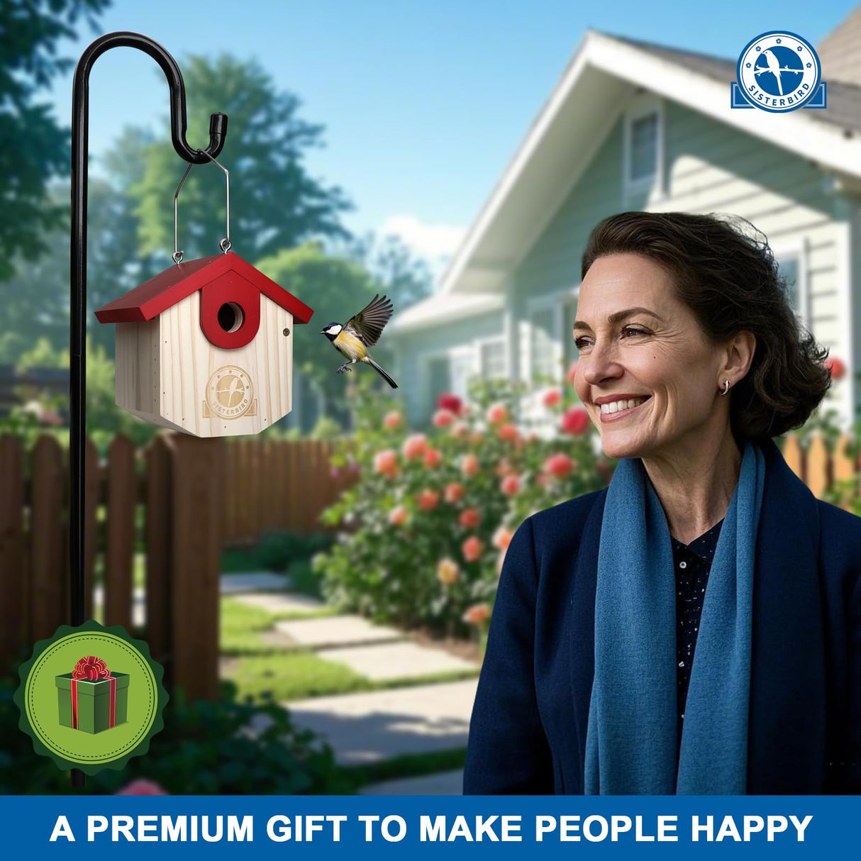 SISTERBIRD Wren Bird Houses for Outside Cedar Hanging Birdhouses for Outdoors 1-1/8" Entrance Hole Bird Houses for Outside Clearance Wooden Nesting Box Chickadee Predator Guard, Red SISTERBIRD