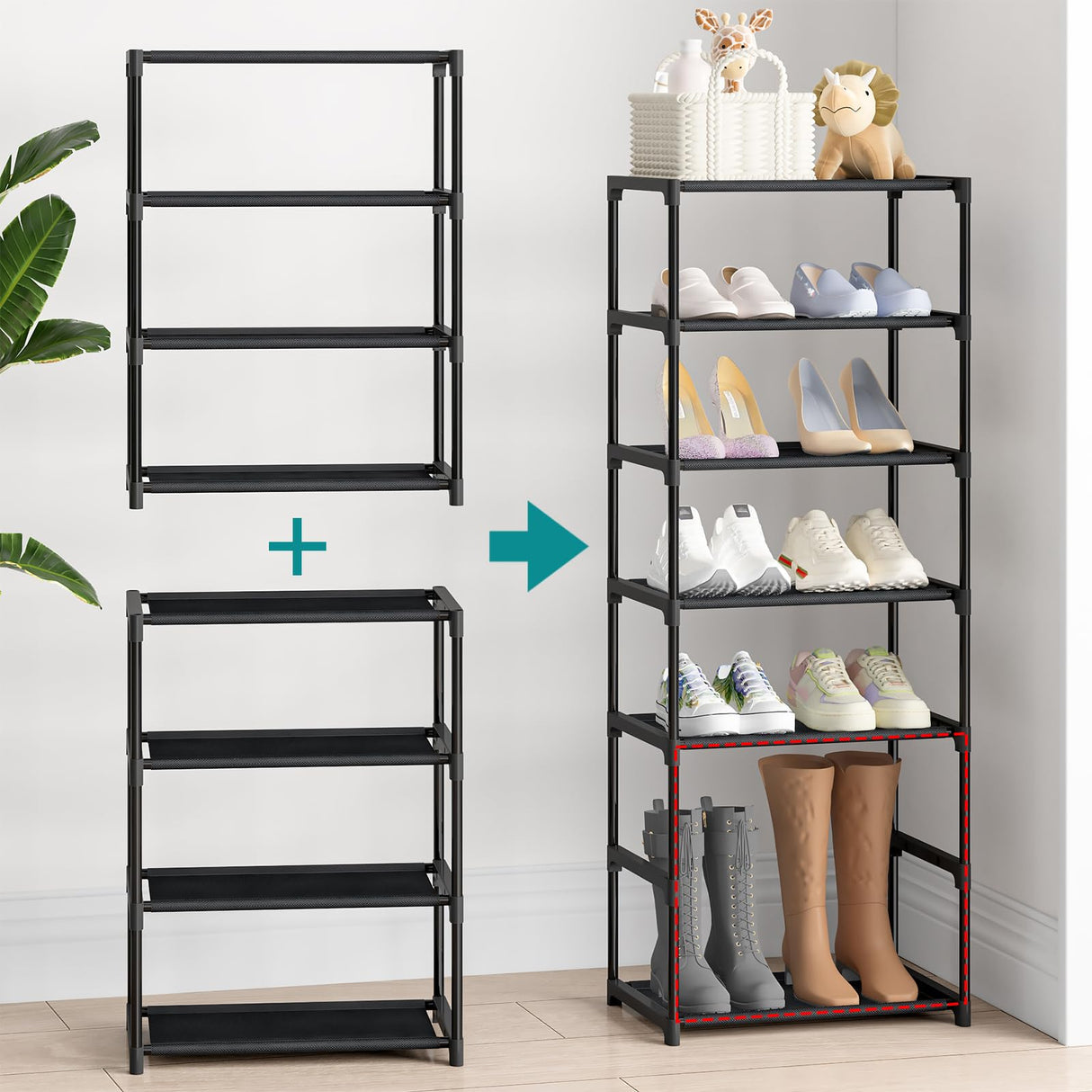 Autonomier 4 Tier Small Shoe Rack, Narrow Stackable Kids Toddler Adult Shoe Storage Organizer Shelf for Closet Floor Entryway Bedroom, Space Saver Shoe Rack Organization Shelves Autonomier