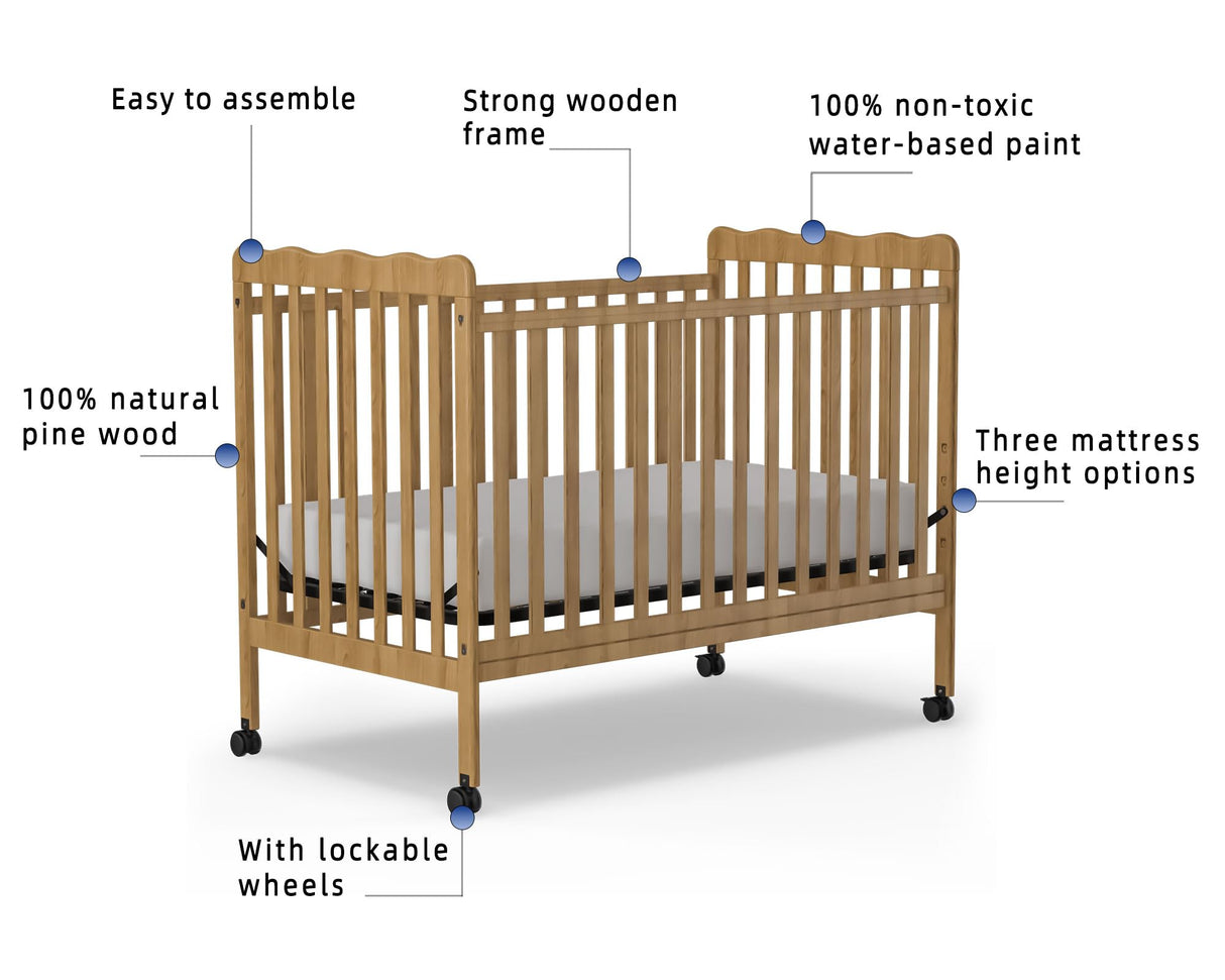 Saylike Baby Crib, 3-in-1 Convertible Crib Wood Full Size Toddler Bed with Locking Wheels for Nursery Furniture, Non-Toxic Finish (Natural) Saylike