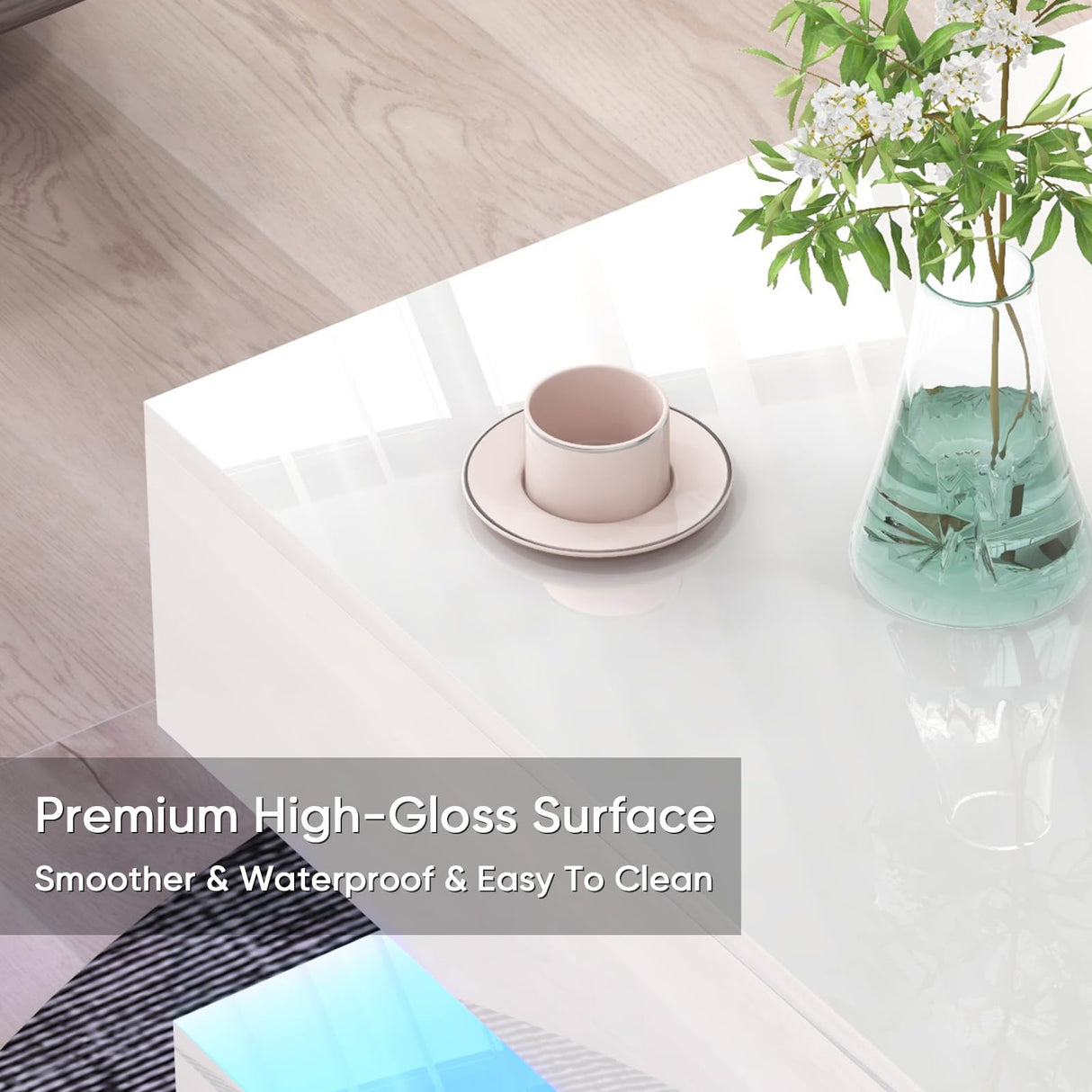 Verano Garden Modern High Gloss LED Coffee Table with Storage, 2-Tier Center Table with Open Display Shelf & 2 Sliding Drawers, Rectangle Coffee Tables for Living Room, Bedroom, White Verano Garden