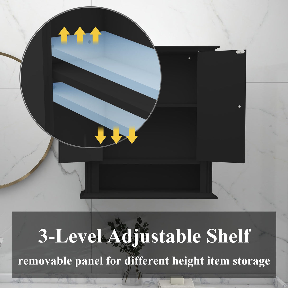 UYIHOME Wall Cabinet Over Toilet, Wall Mounted, Wooden Storage Cabinet with 2 Doors, Hanging Storage Cabinet Over Toilet, Upper Cabinet Storage Cupboard for Kitchen Laundry Room, Black UYIHOME