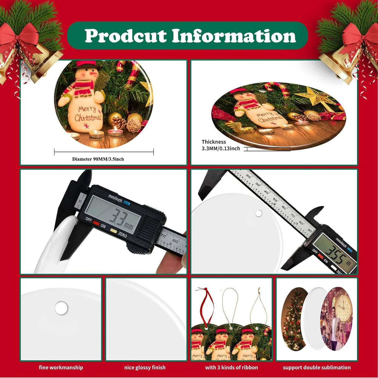 Ceramic Sublimation Ornaments Blank Christmas Personalized Ornament 20 PCS 3.5 Inch Round White Bulk DIY Chritsmas Tree Decoration WANZELONYO