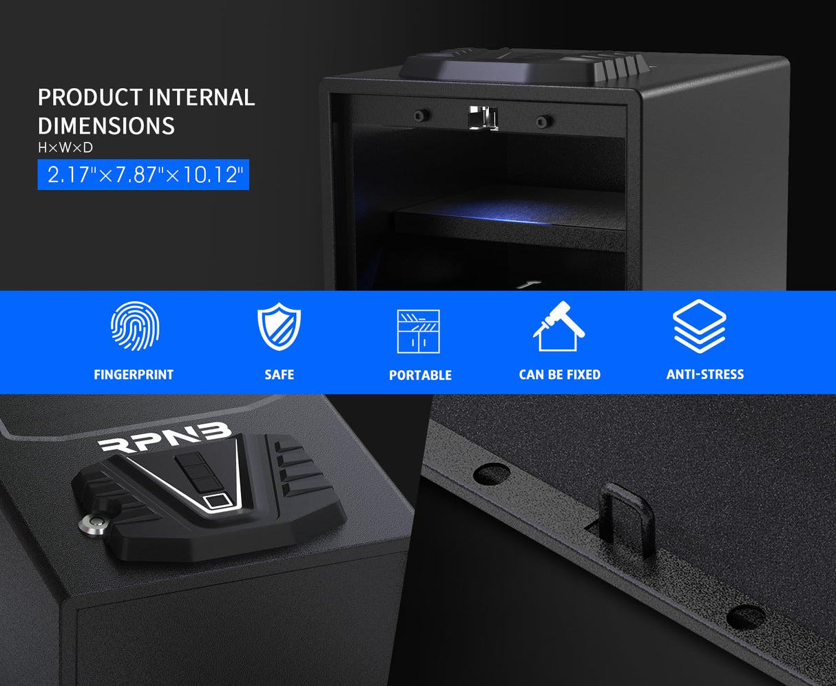 RPNB Gun Security Safe, Quick-Access Firearm Safety Device with Biometric Fingerprint & Digital Key Pad RPNB