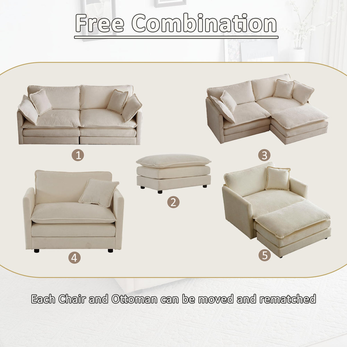 Tmsan 76.7" Deep Seat Cloud Loveseat Sofa Sectional Couch with Ottoman, Large 2 Seater Modular L Shaped Sofa, Comfy Chenille Love Seat for Living Room Bedroom Apartment Office, Light Coffee Tmsan