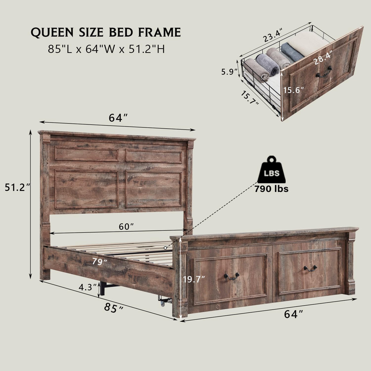 Aitjunz Farmhouse Queen Size Bed Frame with 51" Tall Headboard, Wood Platform Bed Frame with 20" Tall Roman Column Decoration Footboard & 2 Large Storage Drawers, No Box Spring Needed (Light Brown) Aitjunz