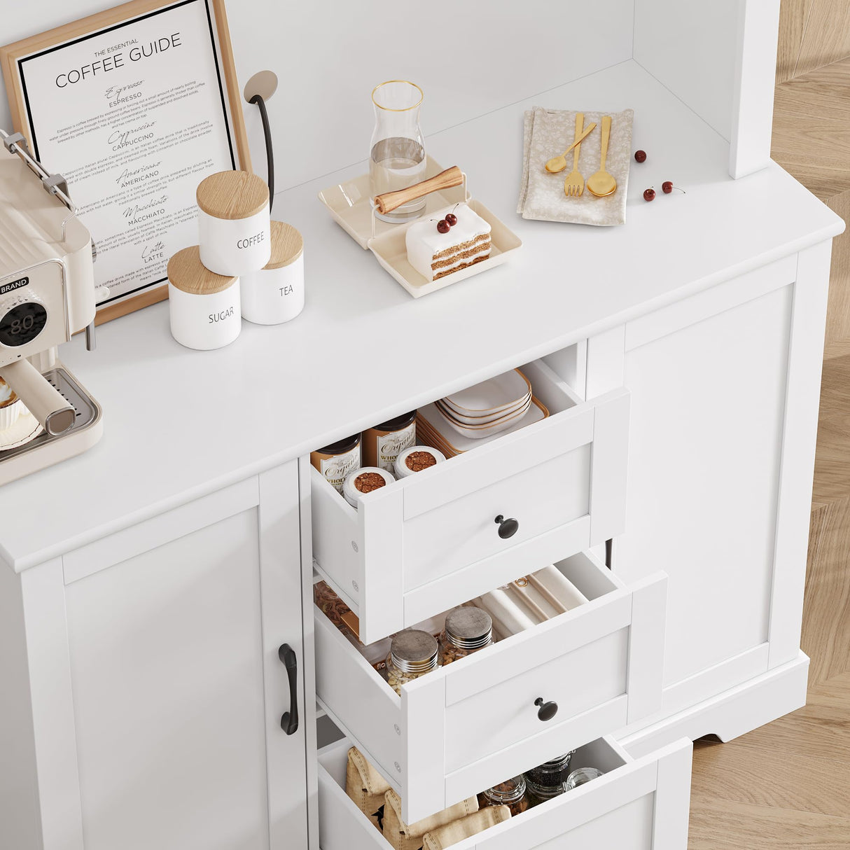 BOTLOG 68" Tall Kitchen Pantry Cabinet with Microwave Stand, Kitchen Hutch Cabinet with Door Shelves, Farmhouse Freestanding Food Pantry for Living Room, Dining Room, White BOTLOG