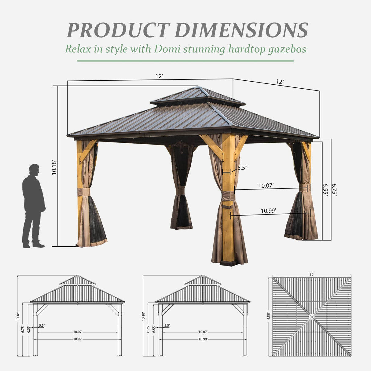 Domi 12x12 ft Wood Gazebo, Cedar Wood Frame Hardtop Gazebo with Galvanized Steel Double Roof, Outdoor Gazebo with Netting and Curtains, Patio Gazebo Pergola Pavilion for Patio, Backyard, Deck, Lawns domi outdoor living