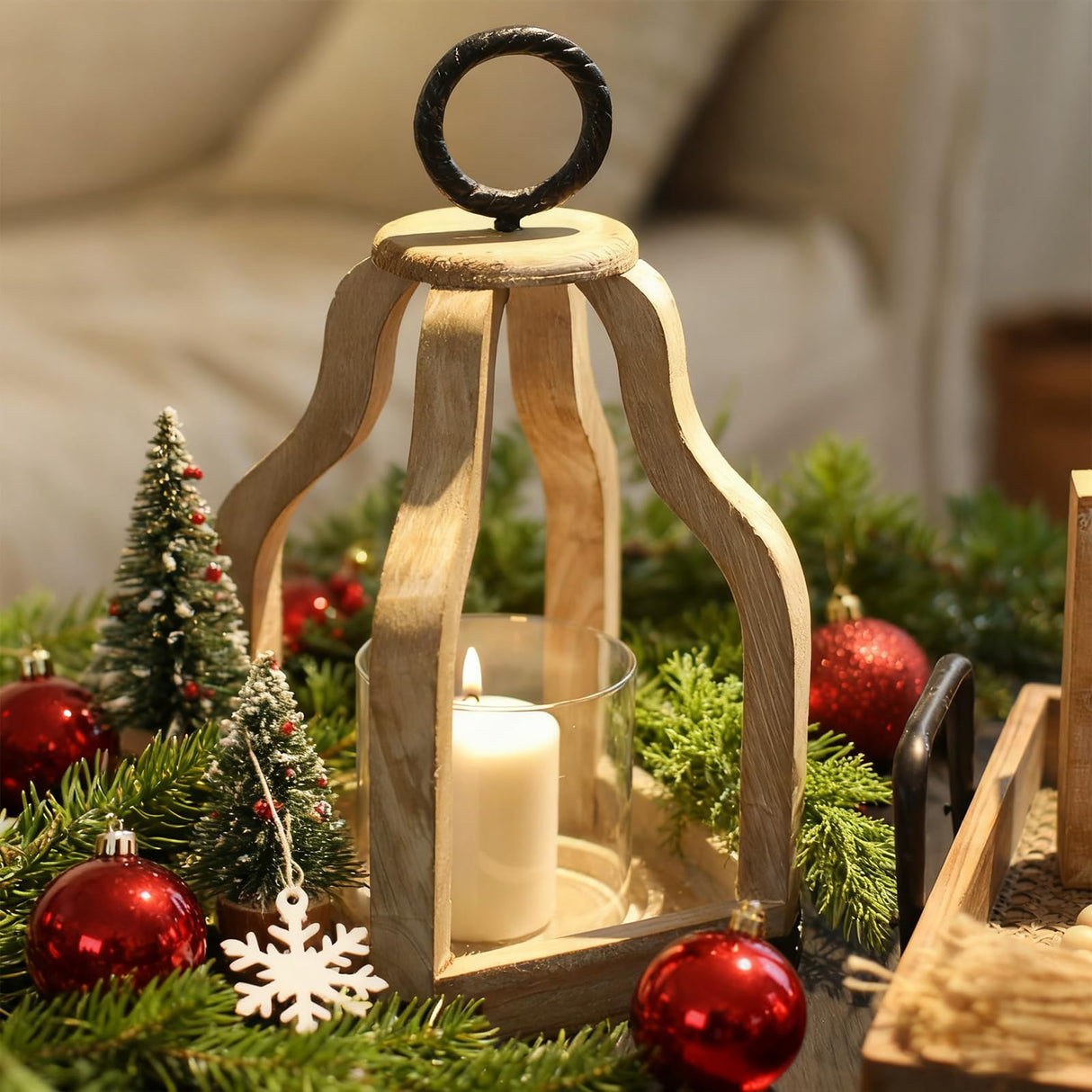 SWALLOWLIVING 13" Rustic Farmhouse Wood Candle Hurricane Lantern with Glass Candlestick Holder for Patio, Table Centerpiece, White Washed SwallowLiving