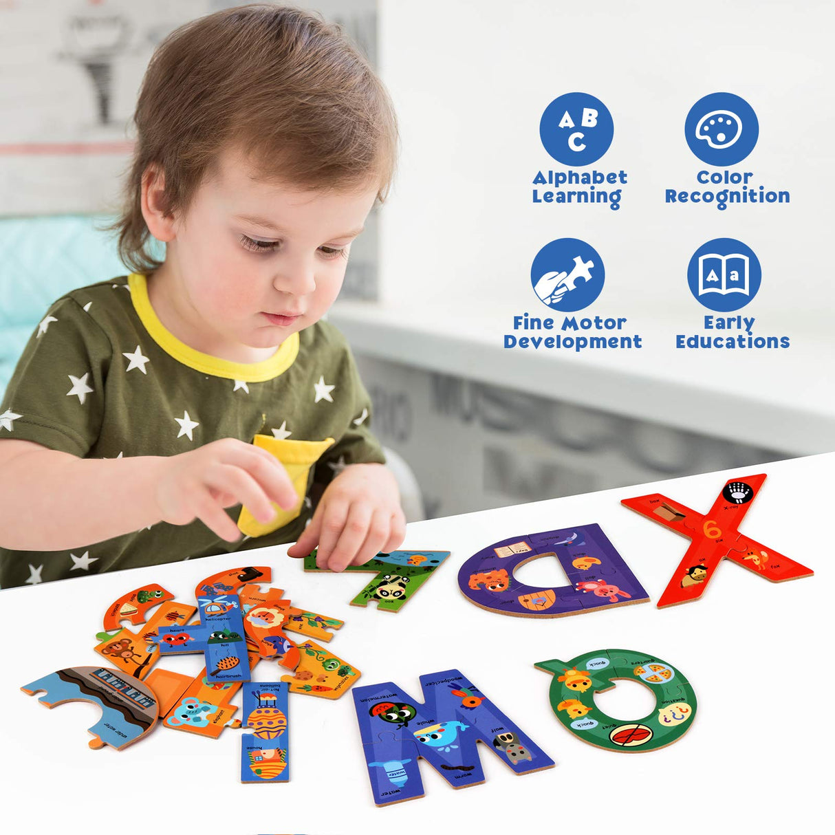 SYNARRY Wooden Alphabet Puzzles for Kids Ages 3-5, ABC Learning for Toddlers Ages 3+, Sight Words Letter Puzzles Montessori Toys Educational STEM for Preschool Boys Girls Kids Gifts SYNARRY