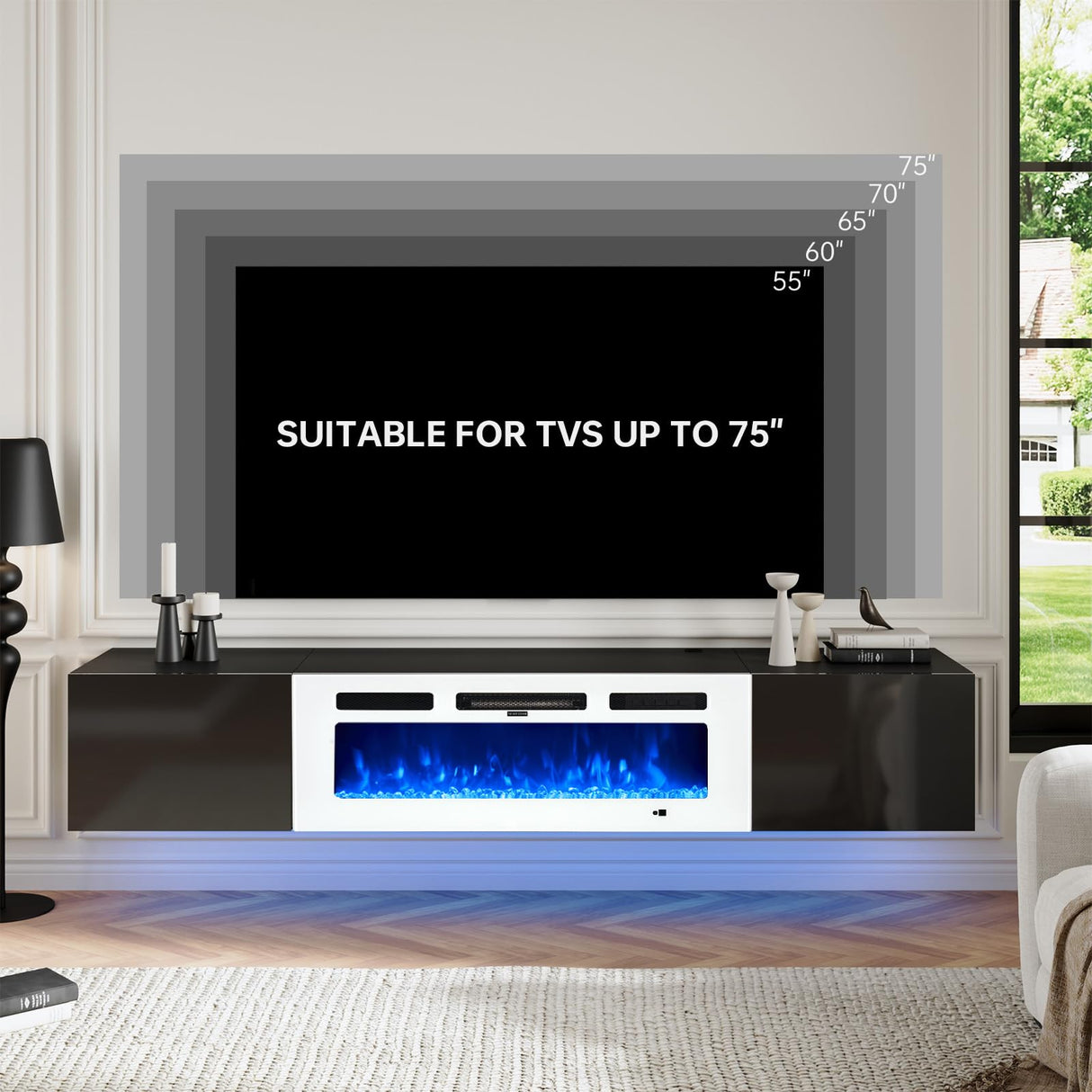 oneinmil Floating TV Stand with 36" Electric Fireplace, Wall Mounted Fireplace Entertainment Center with Storage, 70" TV Console with Fireplace, Floating TV Cabinet, Black+White oneinmil