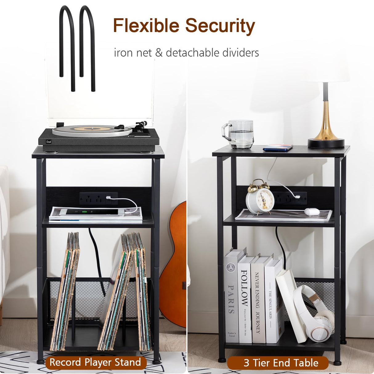 AMHANCIBLE Record Player Stand with Charging Station, Turntable Stand with Storage Cabinet, 3 Tier End Table Hold Up to 100 Albums, Record Stand for Vinyl, Living Room, Black, HETCD01BK-1 AMHANCIBLE
