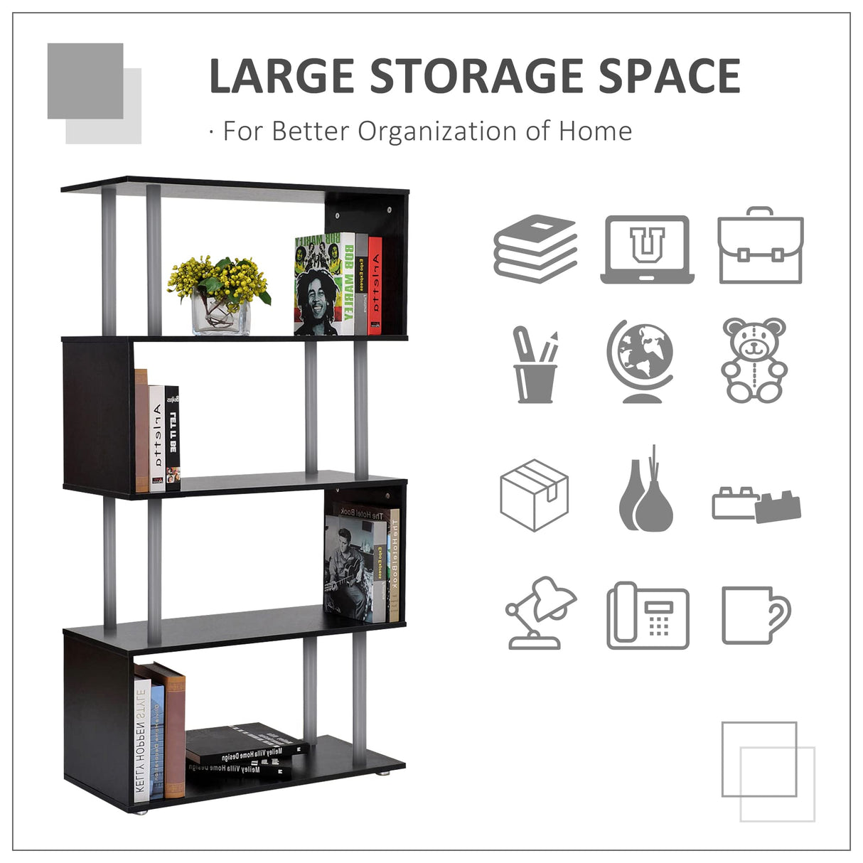 HOMCOM Modern S-Shaped 5 Tier Room Dividing Bookcase Wooden Storage Display Stand Shelf - Black HOMCOM