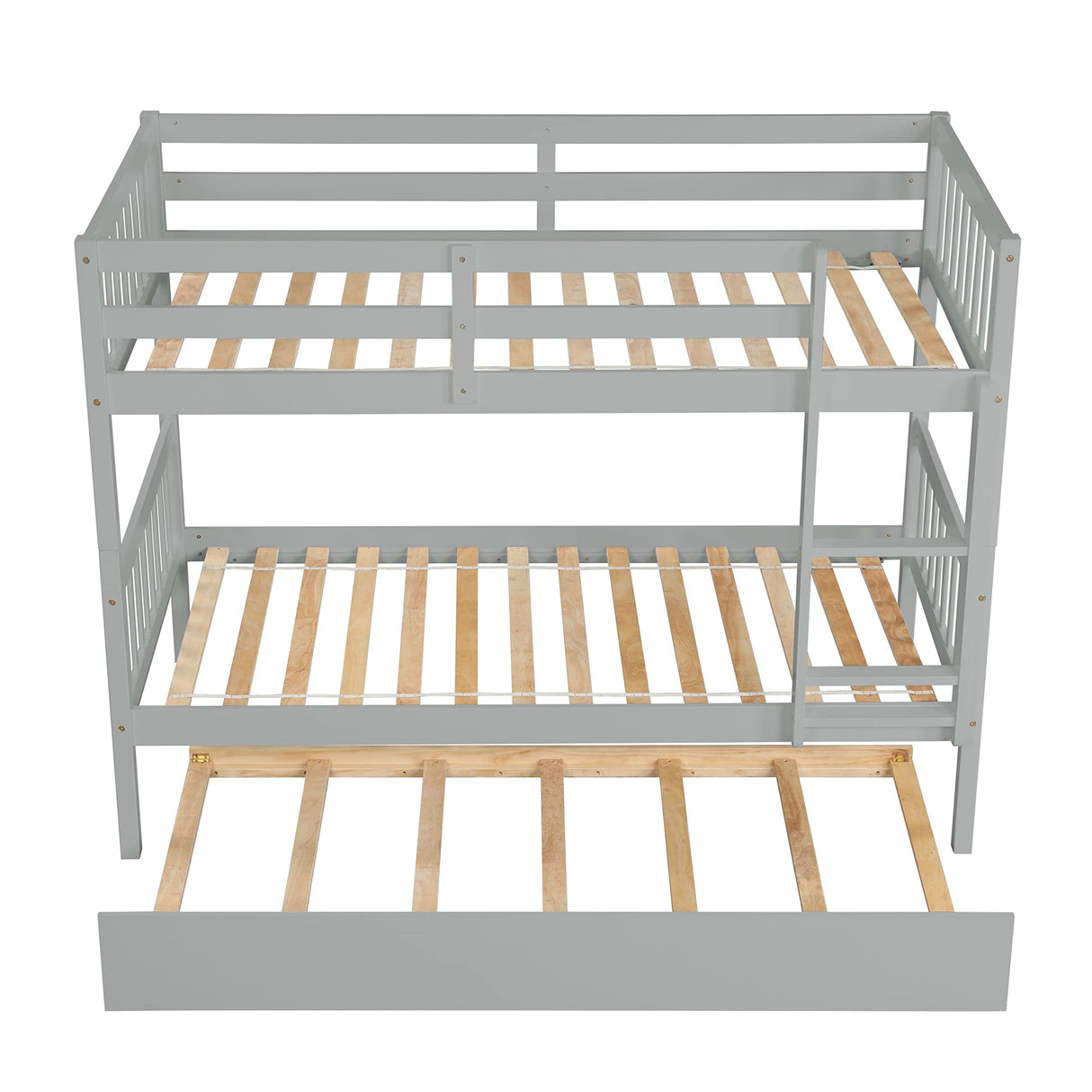 Merax Twin-Over-Twin Bunk Bed with Movable Trundle, Solid Wood Detachable Bunk Bed with Safety Guardrial and Ladder, Can be Converted Into 3 Separate Beds,Grey Merax