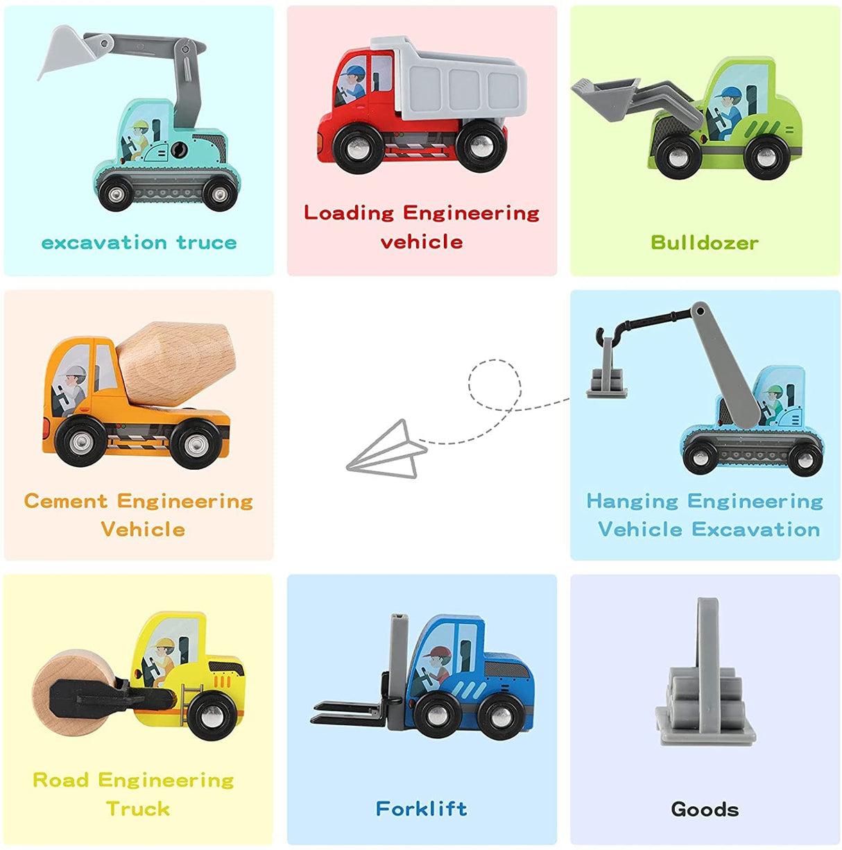 UMU Construction Toy Cars 7 PCS Wooden Kids Mini Vehicles for Toddlers, Compatible to Thomas Train Toys Railway and Major Brands, Best for 3 to 5 Year Old Boys and Girls UMU