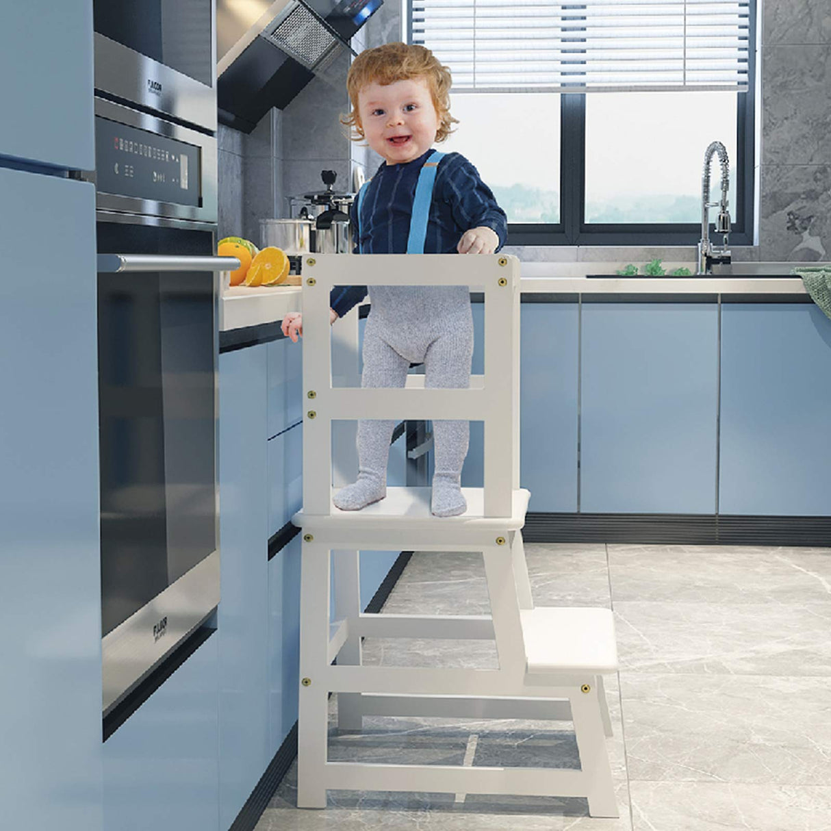 Popin Lover Kitchen Step Stool for Kids and Toddlers with Safety Rail, White Kids Step Stool Standing Tower Stool for Bathroom& Kitchen Popin Lover