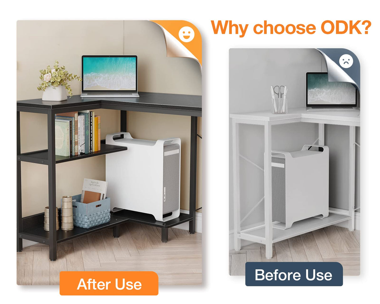 ODK 48 Inch Small L Shaped Gaming Computer Desk with Power Outlets, Reversible Storage Shelves & PC Stand for Home Office, Simple Writing Study Table with Storage Bag for Small Space, Black ODK