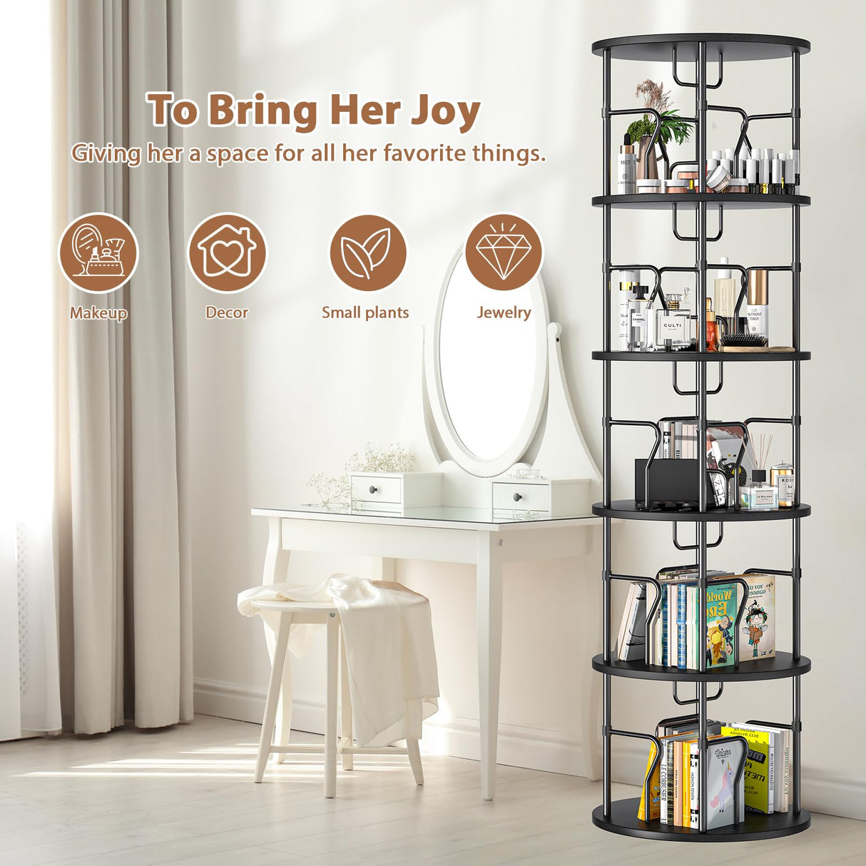 VYRIVA 5 Tier Rotating Bookshelf Tower, 360° Display Round Bookcase, Floor Standing Corner Revolving Bookshelf Organizer Storage Rack for Home Study Office, Small Spaces VYRIVA