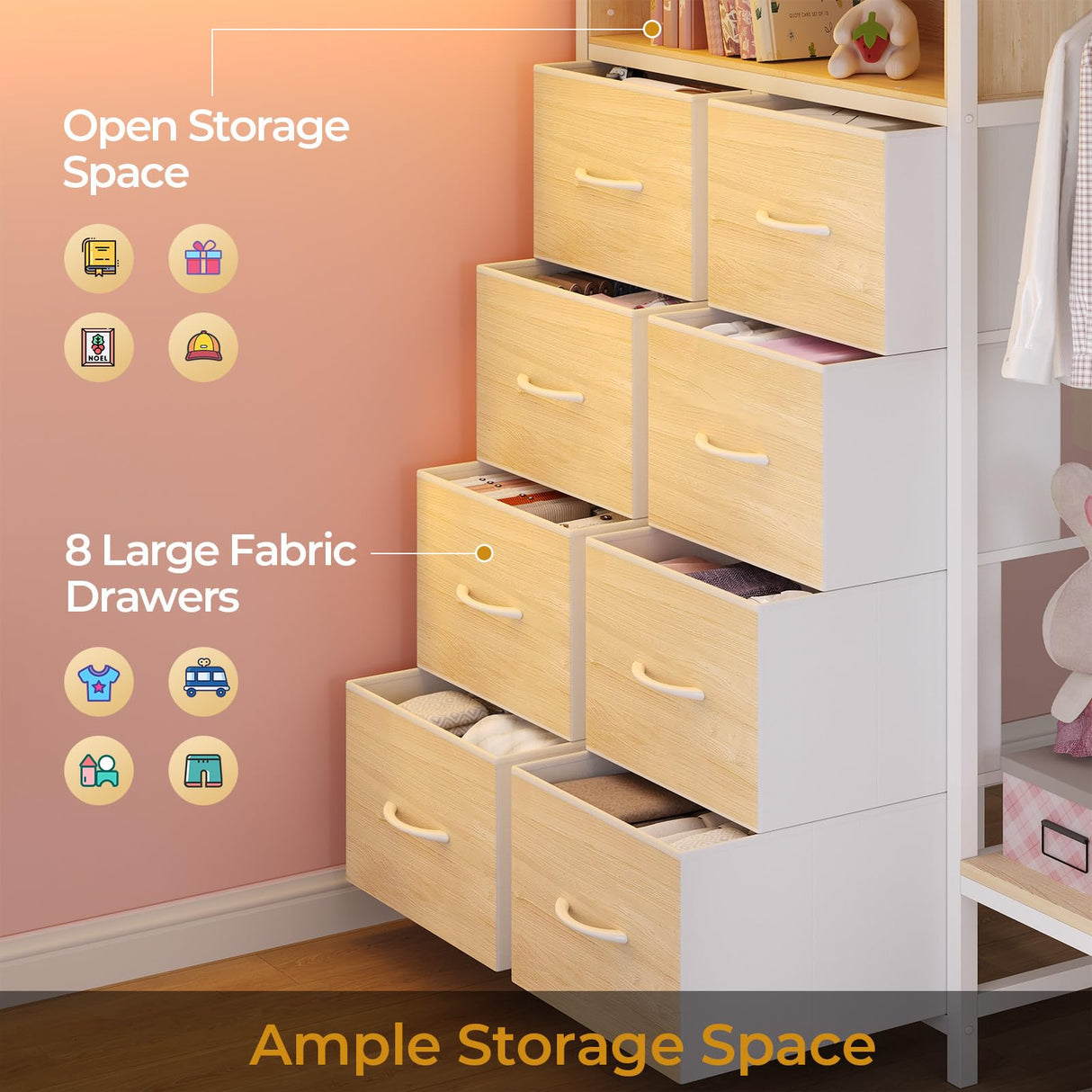 ADORNEVE Full Over Twin Bunk Bed with 8 Storage Drawers, Metal Loft Bed with Led Lights & Storage Shelves, Bunk Beds Twin over Full Size with 13.4" H Safety Guardrail & Ladder, for Kids & Teens, White ADORNEVE