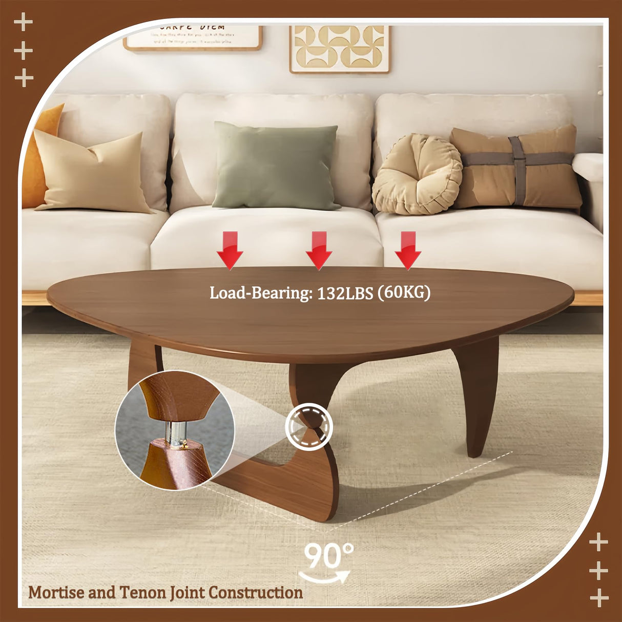 Wood Coffee Table, Mid Century Modern Triangle Coffee Table for Living Room, Rustic Solid Wood Legs and Tabletop, Farmhouse Walnut Accent Center Table for Small Spaces DESYIFO
