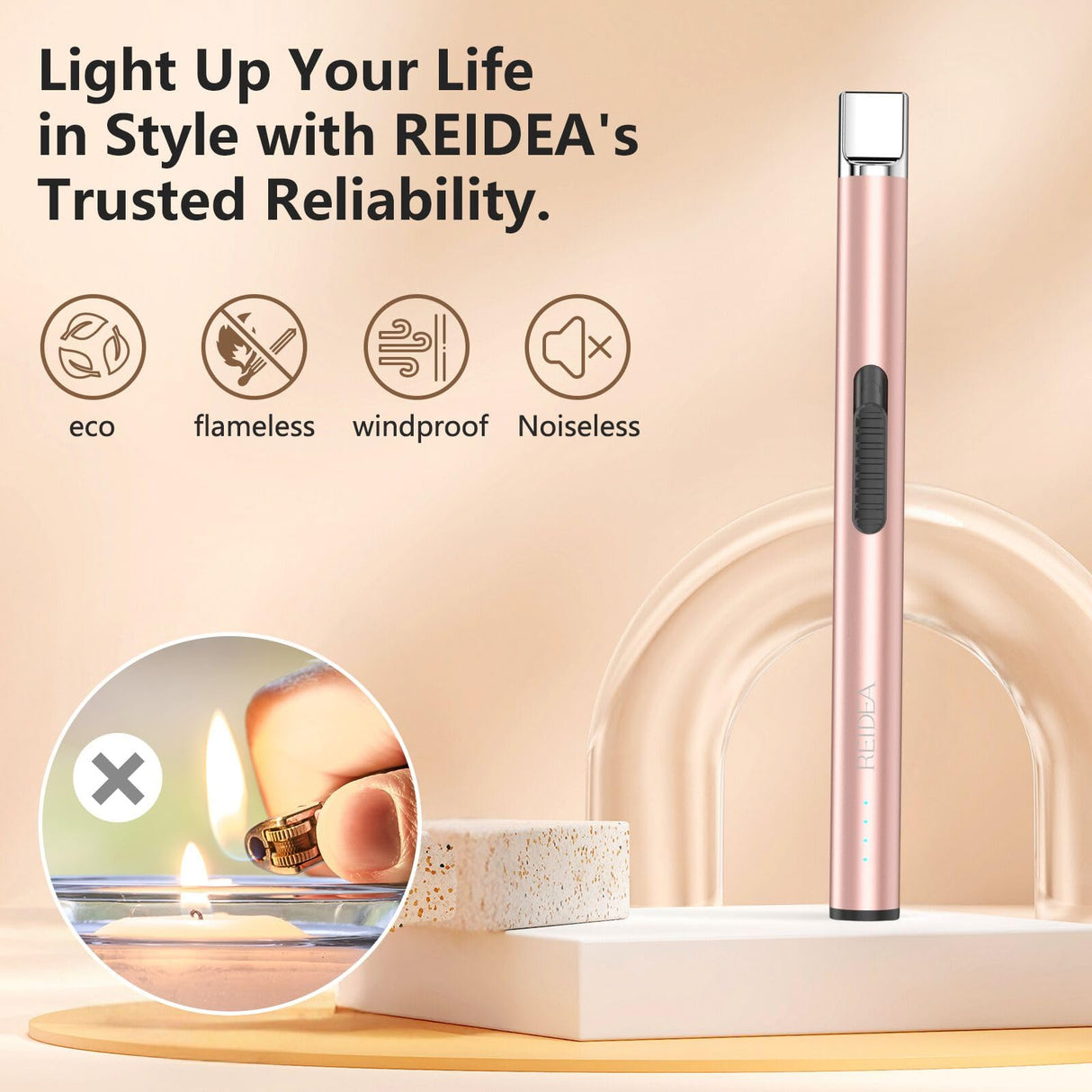 REIDEA Candle Lighter Long USB Rechargeable Lighter Arc Windproof Flameless Lighter with Safety Switch Buttom Electronic Lighter for Home Kitchen BBQ Camping Stove REIDEA
