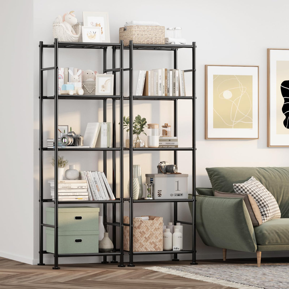 Sakugi Storage Shelves - Set of 2, 5-Tier Metal Shelf Organizer, Space-Saving Garage Shelving with Leveling Feet, Standing Shelves Organizer for Kitchen, Laundry, Pantry (18.4" x 12.6" x 57.4", Black) Sakugi