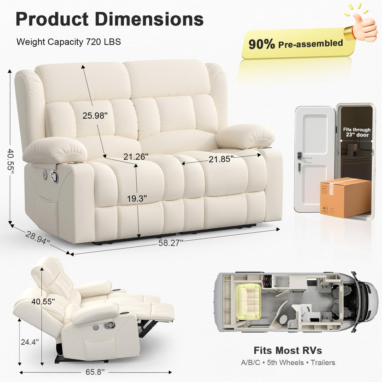 MOSGAT RV Loveseat Recliner Sofa, Reclining Loveseat Home Theater Seating with USB Ports, Cup Holders, Insert Pockets, Wall Hugger RV Recliners for Movie Room, Recline Movie Seats Gaming Sofa, White MOSGAT