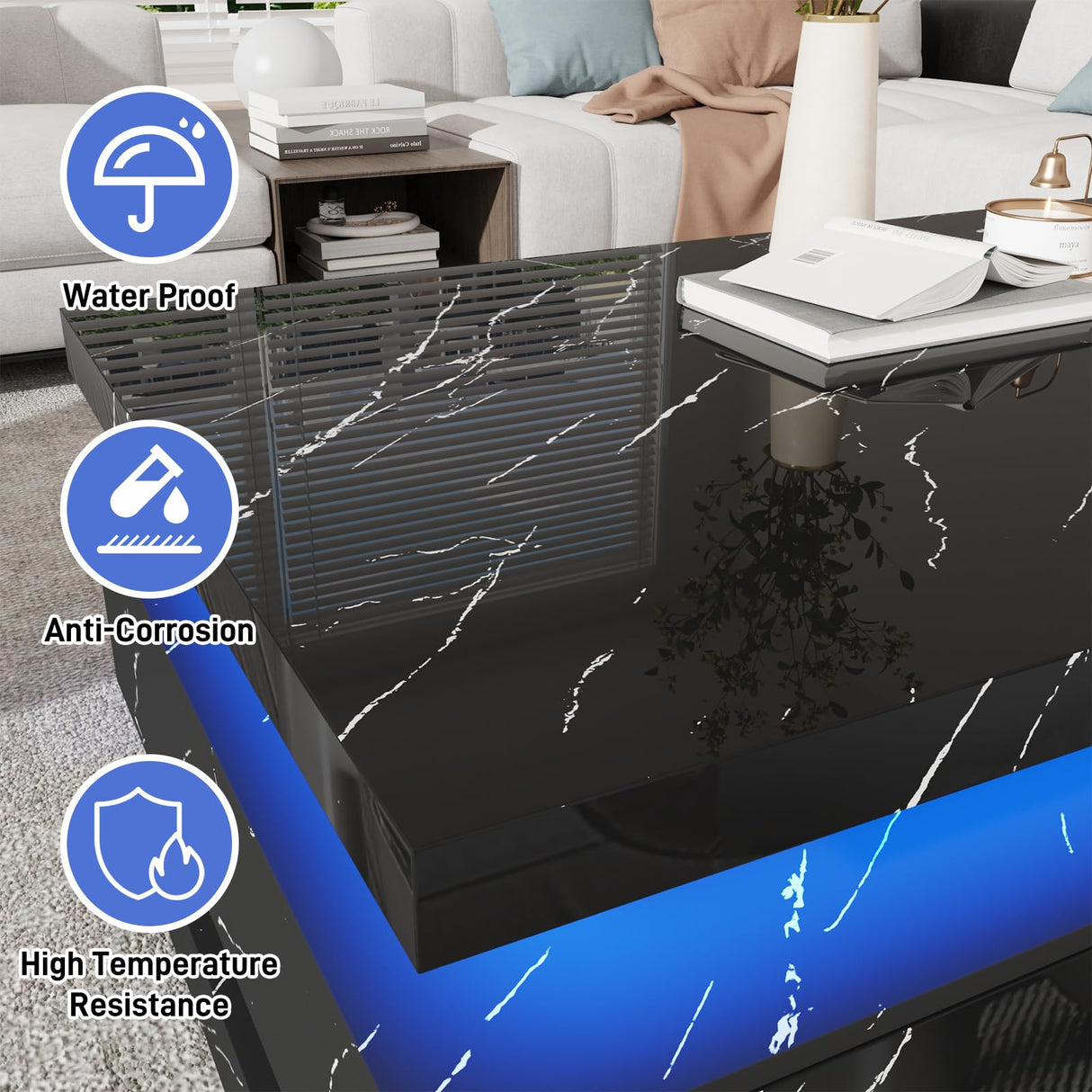47.2 inch Modern High Glossy LED Coffee Table with 2 Sliding Drawers, Double-Layer Center Tables with LED Lights for Livings Room Furniture, Black chartustriable