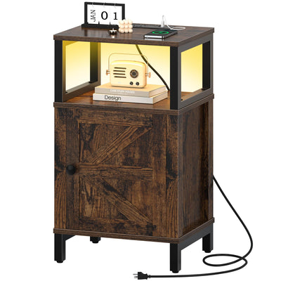 Yoobure Farmhouse Nightstand with Charging Station, Wood Night Stand End Table with USB Ports, LED Bed Side Table with Storage Cabinet, Bedside Table for Bedroom, Living Room Rustic Brown