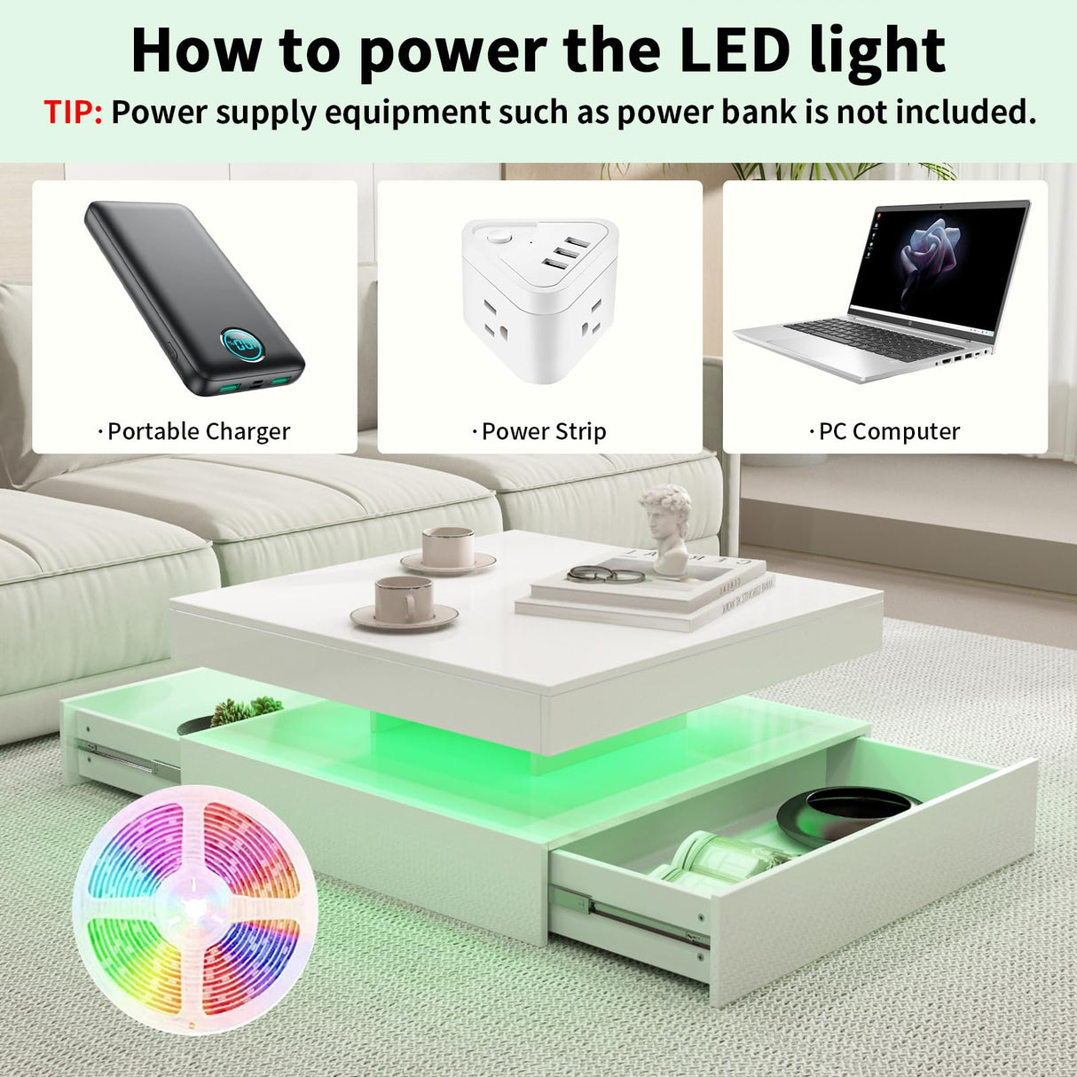 White LED Coffee Table for Living Room, Square Coffee Table with Lights, Lighted Cocktail Table, Mid Century Table with Lights, Modern Center Table with Storage, High Glossy Surface, 30 Inch WoodArtSupply