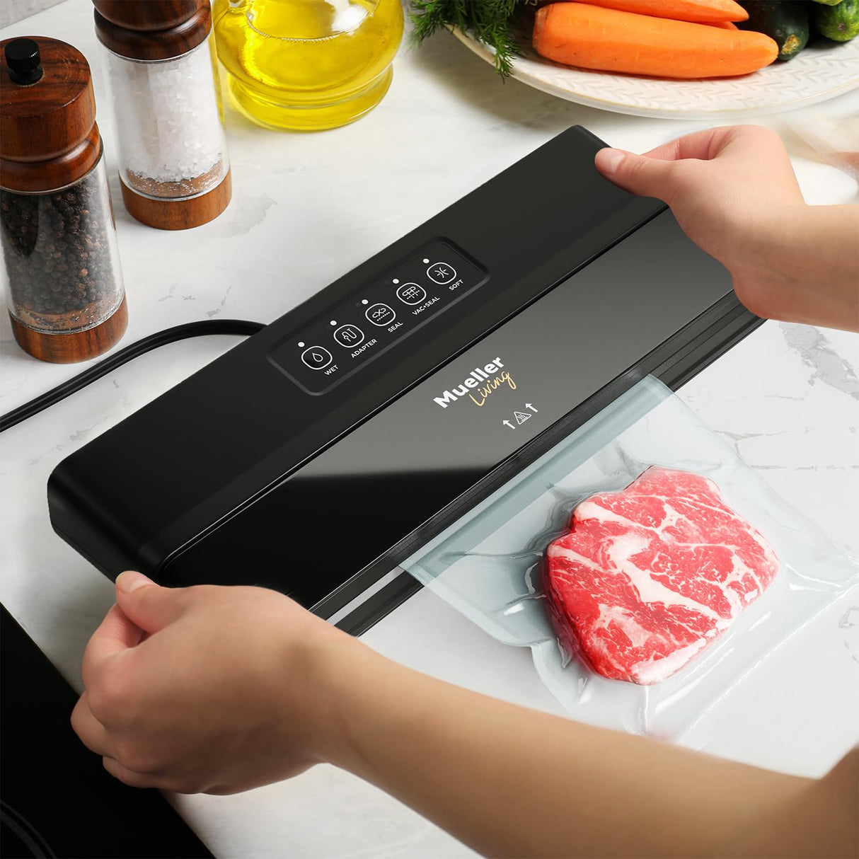 MuellerLiving Vacuum Sealer Machine, Compact Vacuum Sealer Kit with Bags/Roll, LED Light Indicators, Preserve, Marinate, Sous Vide, Black Mueller