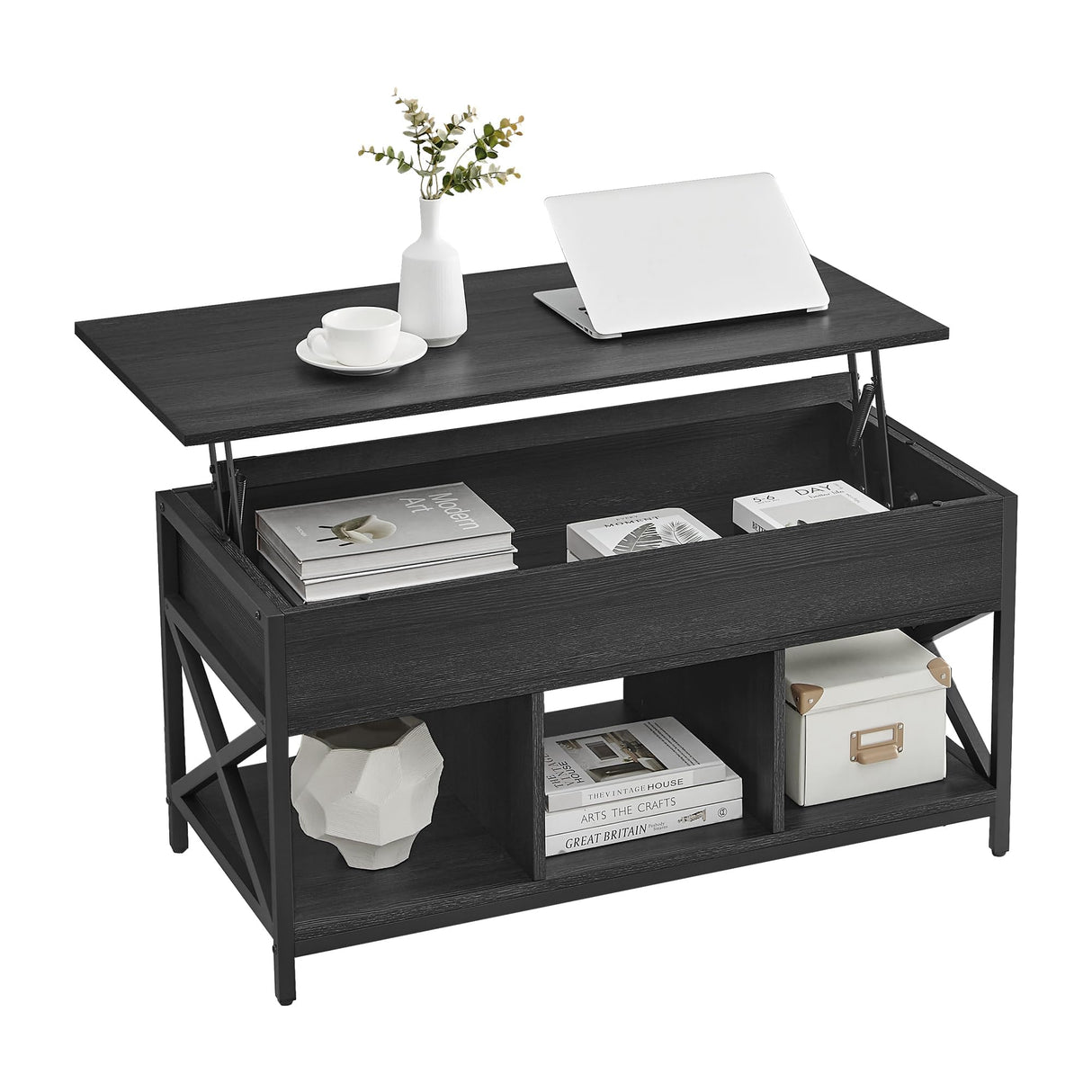 VASAGLE Lift Top Coffee Table, Lift Coffee Table with Storage Shelf, Hidden Compartments and Lifting Top, for Living Room, Office, 19.7 x 39.4 x (19.3-24.4) Inches, Black with Wood Grain ULCT202B22 VASAGLE