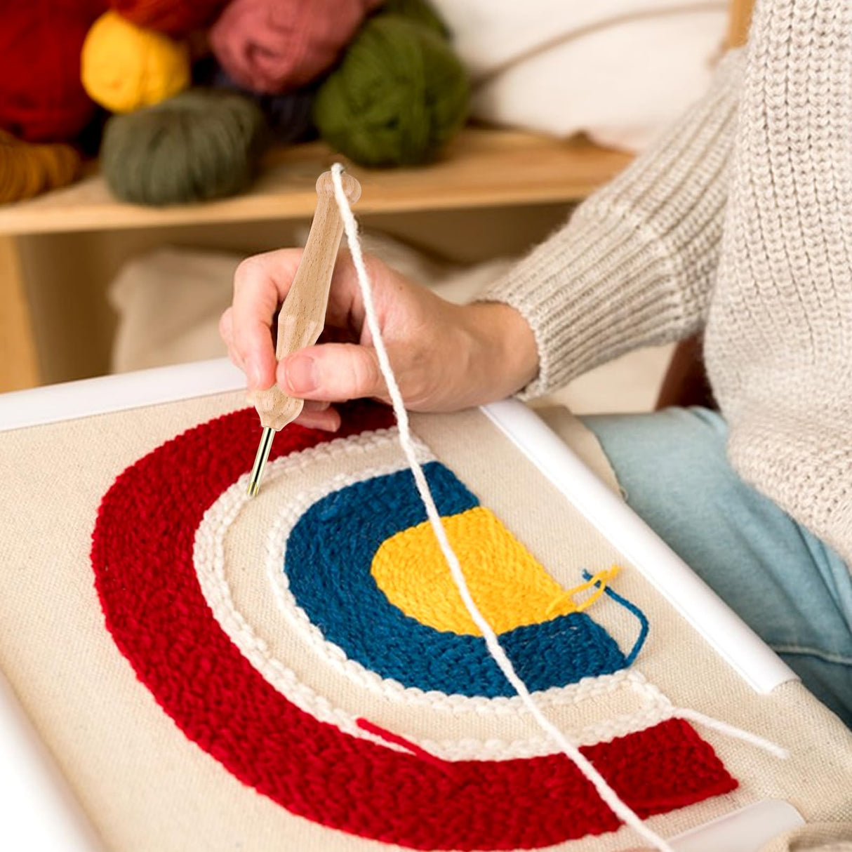 12 Pieces Needle Punch Kit, Embroidery Punch Needle Tool Adjustable Complete Puncher Needles Threader Wooden Handle Embroidery Tool for Adults Beginner DIY Craft Floss Cross Stitching InnoHHustle