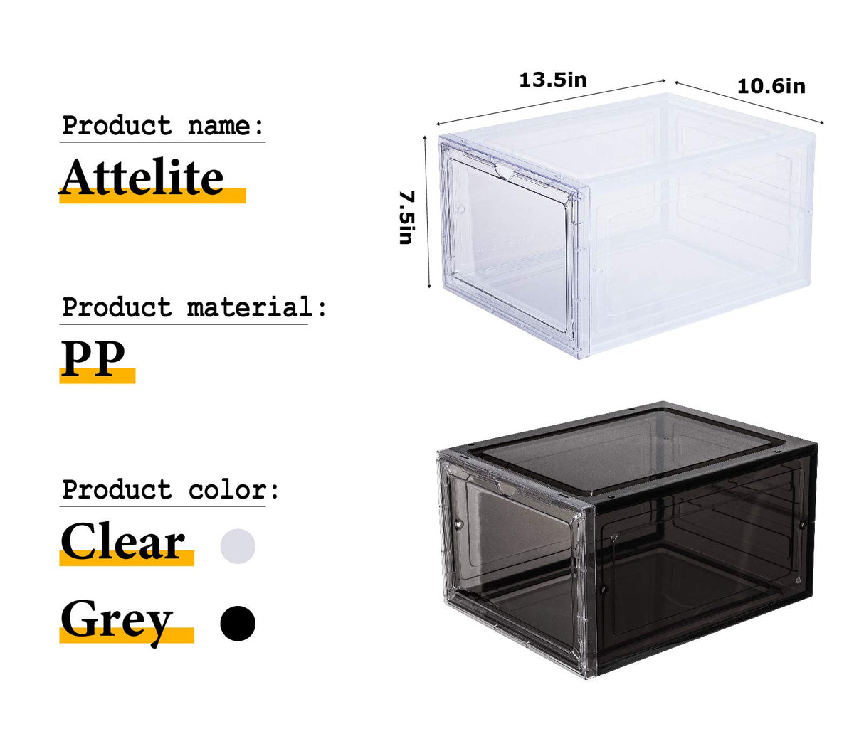 Attelite Shoe Box,Set of 6,Stackable Plastic Clear Shoe Box Organizer with Magnetic Door,Shoe Storage Box Thicken Sturdy,Easy Assembly,Fit up to US Size 12,Black Attelite