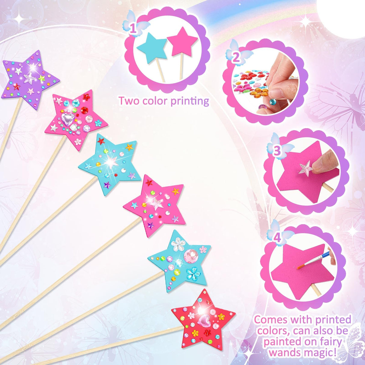 Juexica 30 Pcs Princess Fairy Wand Kit Includes 24 Make Your Own Princess Craft Unfinished Wooden Fairy Wand and 6 Gem Stickers for Girls DIY Magical Crafts(Pink,Purple,Red,Blue) Juexica