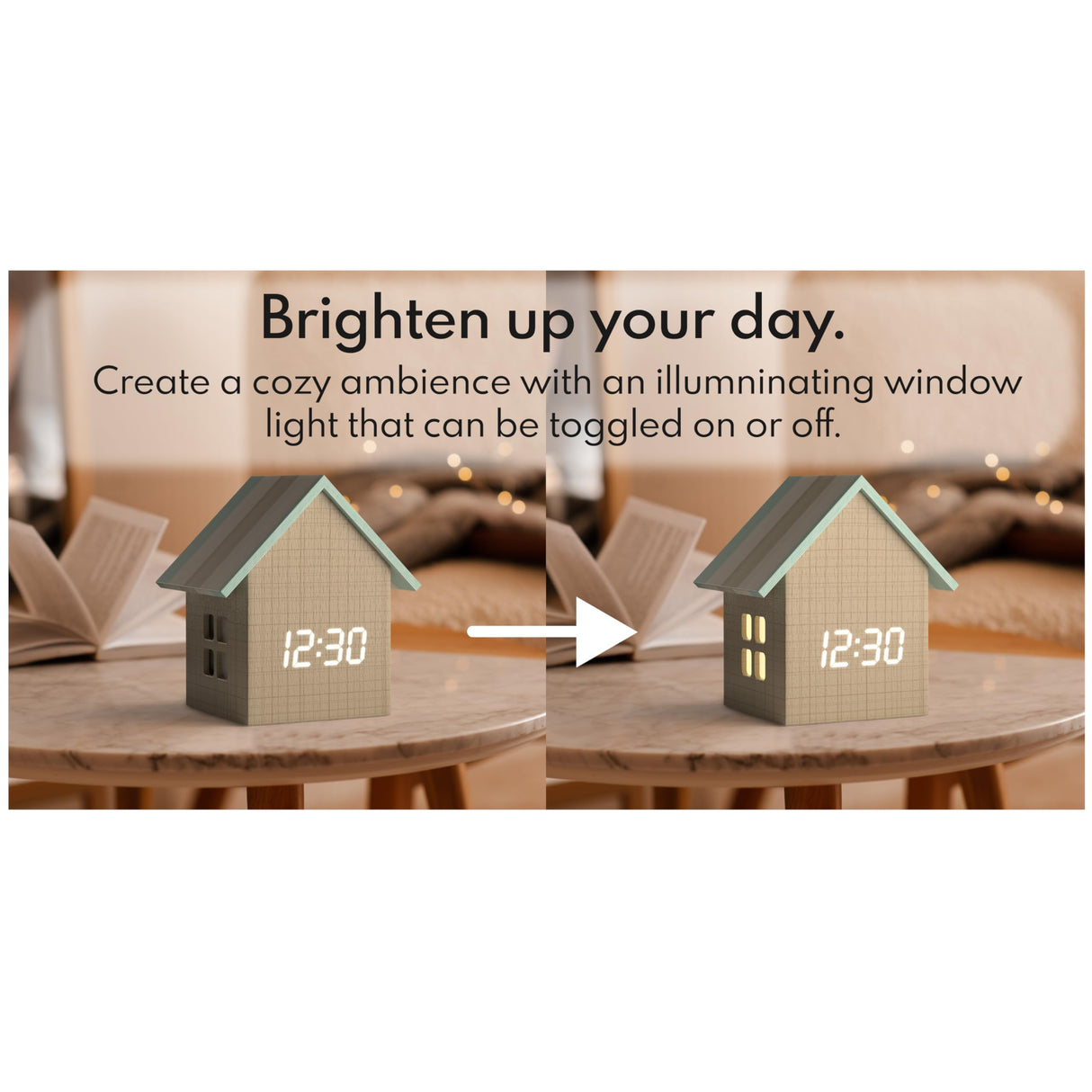Driini Digital House Shaped Alarm Clock with Temperature Display (Stripe Wood) – Modern Aesthetic - Cute Cube Frame and White LED Dimmer - Perfect Large Desk Clock for Bedside Table or Bedroom Mantle Driini