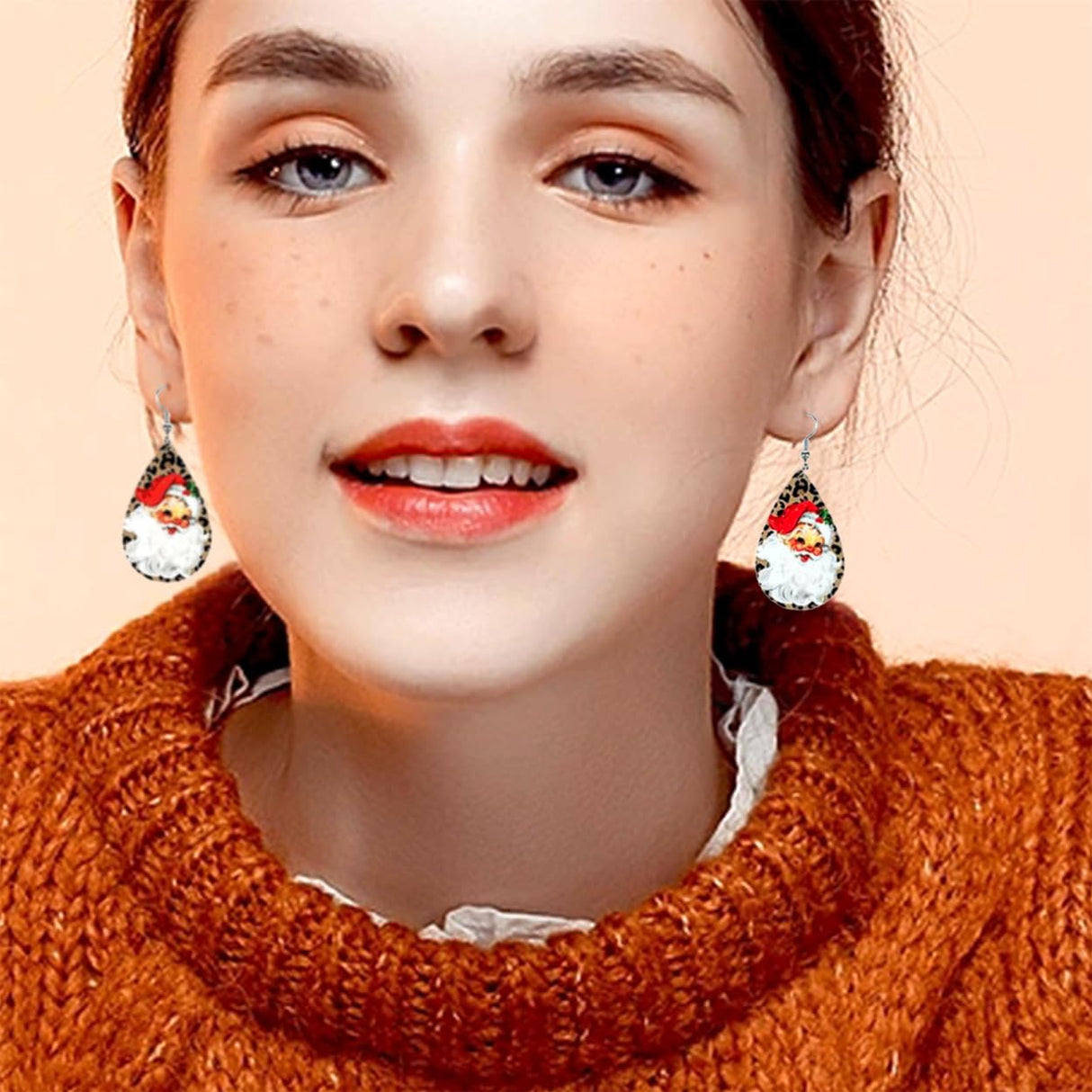 JeanBeau 4 Pairs Christmas Wooden Santa Dangle Drop Earrings Bulk for Women Cute Holiday Earrings Lightweight Wood Round Stud Xmas Book Decoration Accessories Jewelry Gift Jean Beau