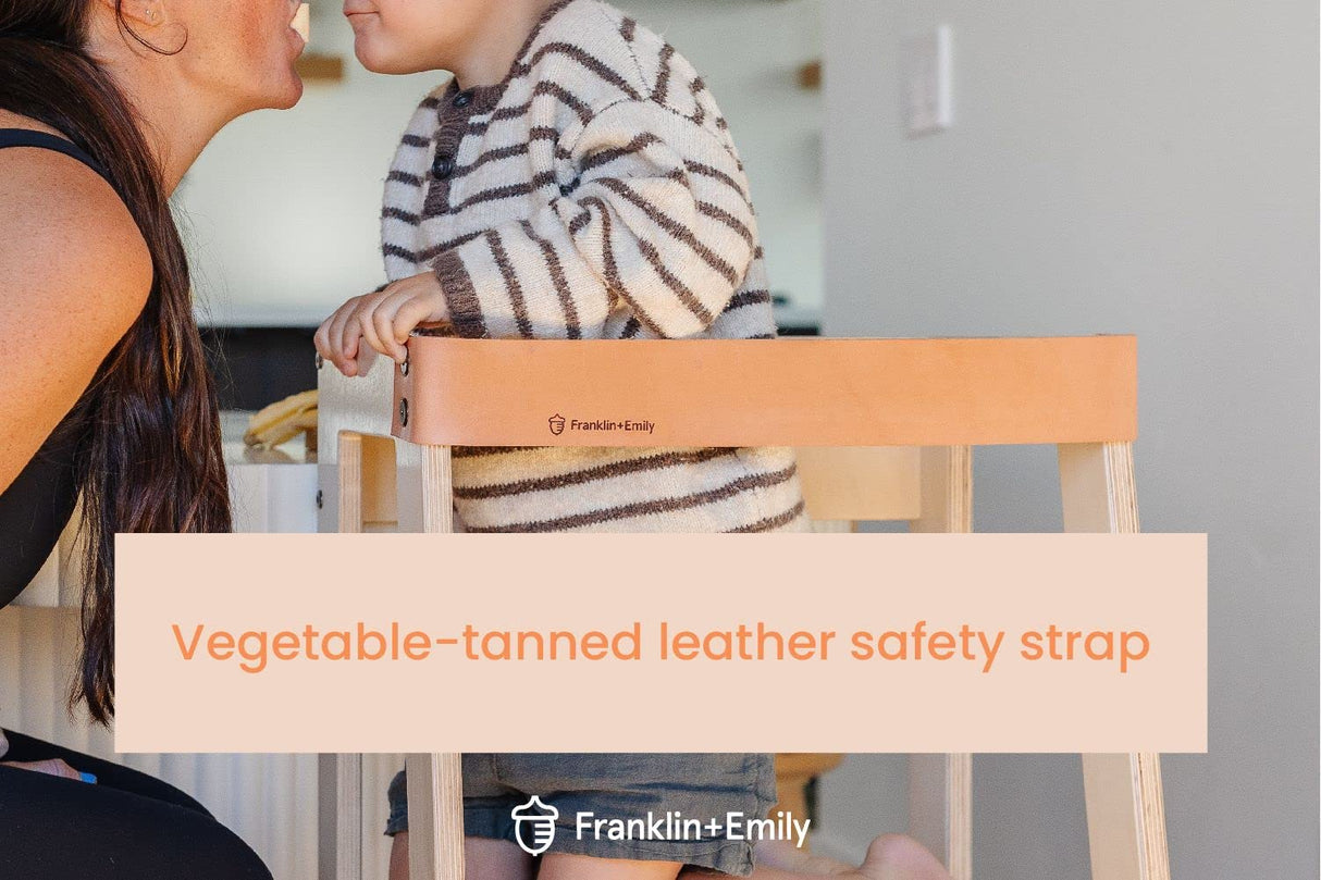 Franklin + Emily Wooden Toddler Tower and Step Stool (Toddler Step Stool with Leather Strap, Kitchen Tower, Safety Stool, Kid Step Stool, Activity Tower, Kid Tower) Franklin + Emily